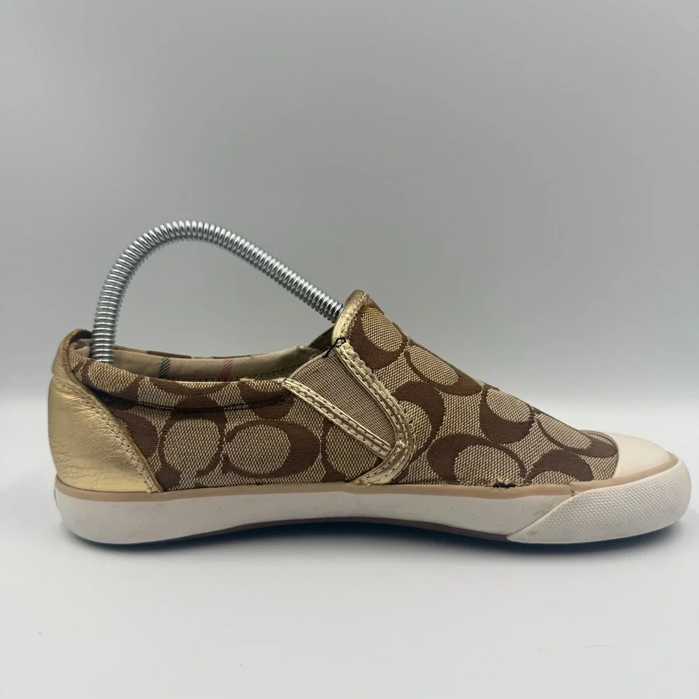 Coach Barrett Womens Size 7 Slip On Sneakers Monogram Canvas Metallic Gold Brown